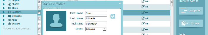 Showing the Tenorshare iAny Manager add new contact dialog